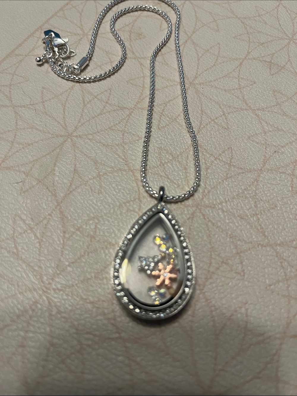 Origami Owl Silver Teardrop Locket Necklace with Rose Gold Charm